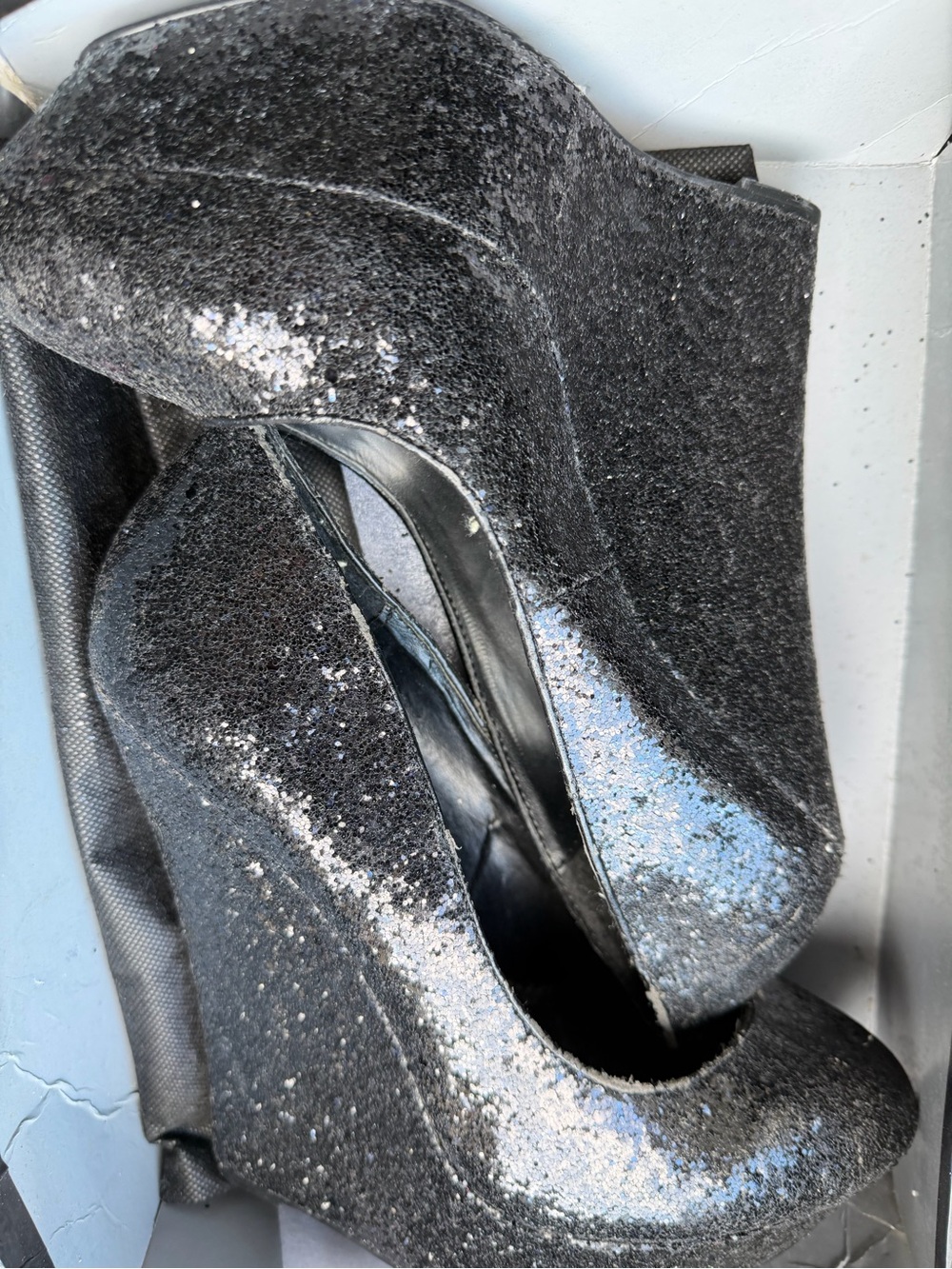 Pleaser Black Glitter Wedge Pumps